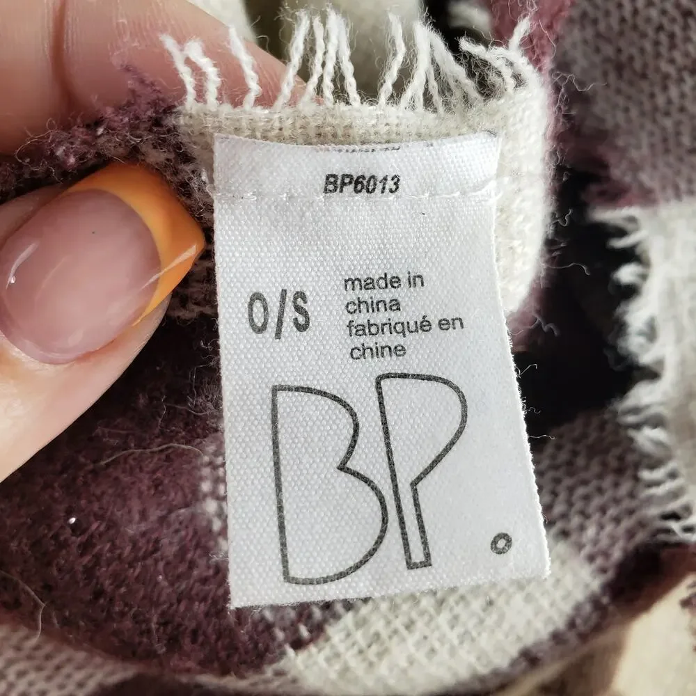 BP Women's One Size Fringe Plaid Blanket Scarf Beige Burgundy Fall Cozy Layering